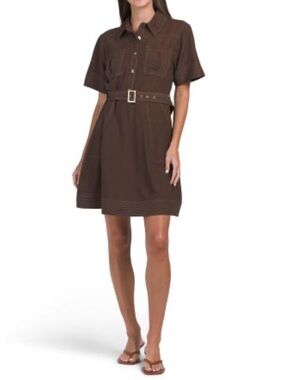 LEA Linen Blend Short Sleeve Contrast Stitching Mini Dress